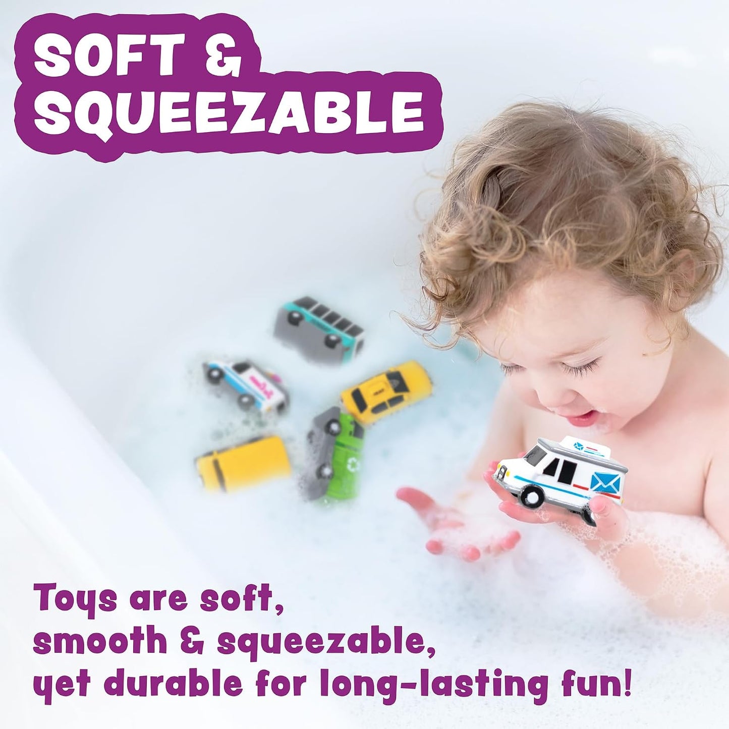 HotTub Works® Vehicles™ Bath Cars Mold Free Bath Toys, 6 Pack | Sealed, No Hole Bath Toys Design Keeps Moisture Out | Soft, Squeezable & Float on Water | Fun Baby & Toddler Bath Toys | City Car Bath Toys