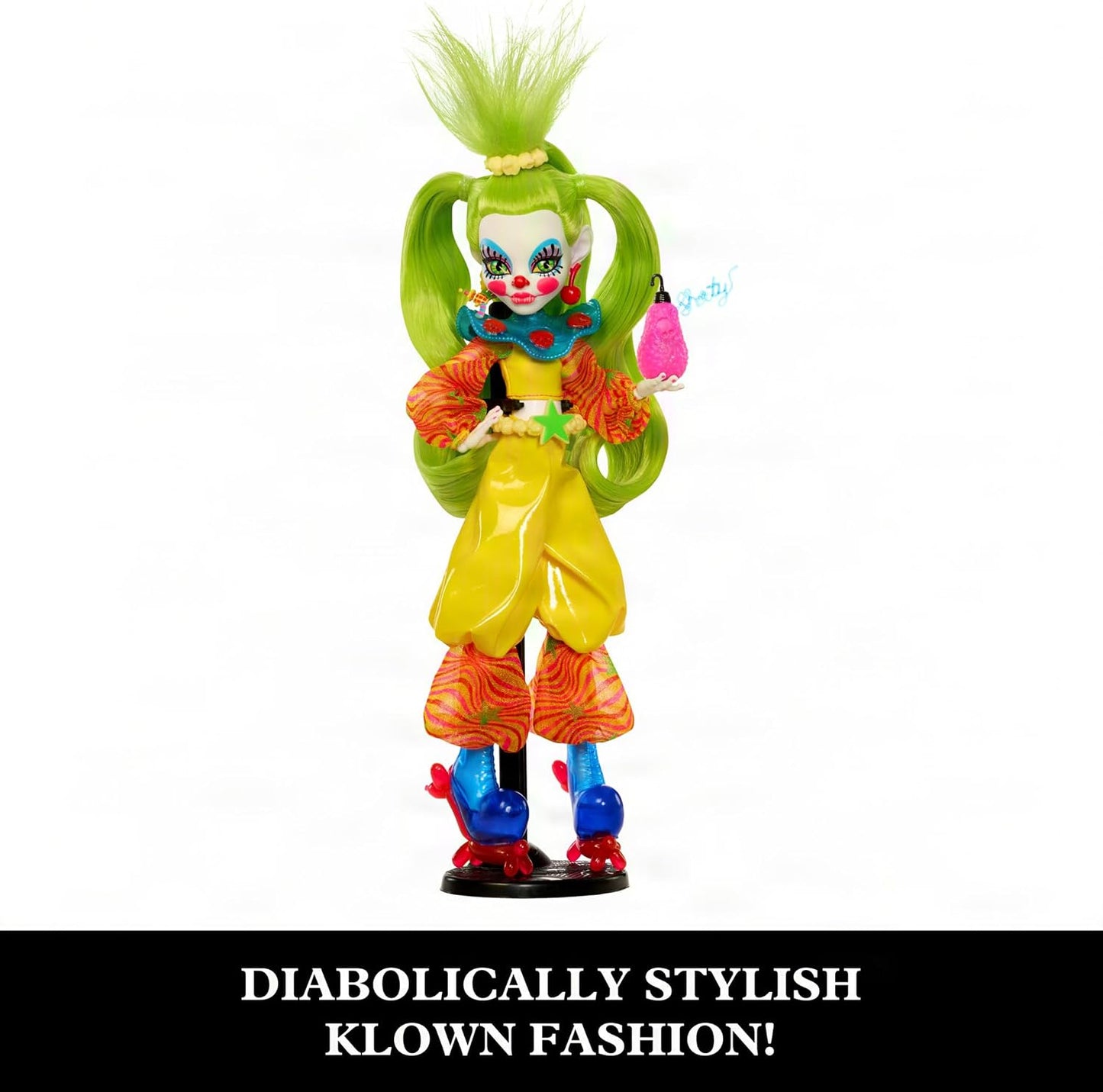 Hot Monster High Skullector Shorty Doll, Killer Klowns from Outer Space Collectible with Green Hair, Yellow Clown Clothes, Balloon Shoes and Doll Stand (Amazon Exclusive)