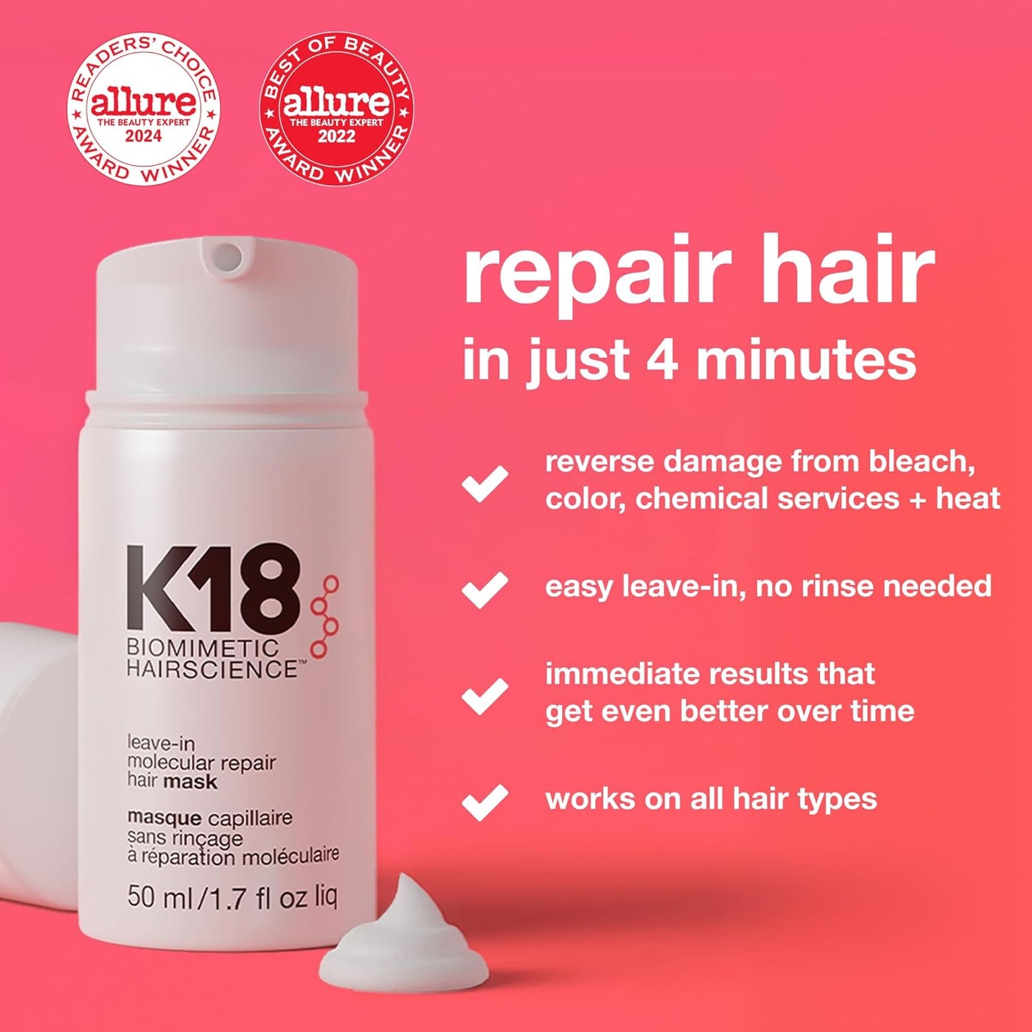 HotK18 Leave-In Molecular Repair Hair Mask, Patented, Lasting Repair For Dry, Frizzy, Damaged Hair, Reverse Damage In 4 Minutes From Bleach, Color, Chemical Services + Heat
