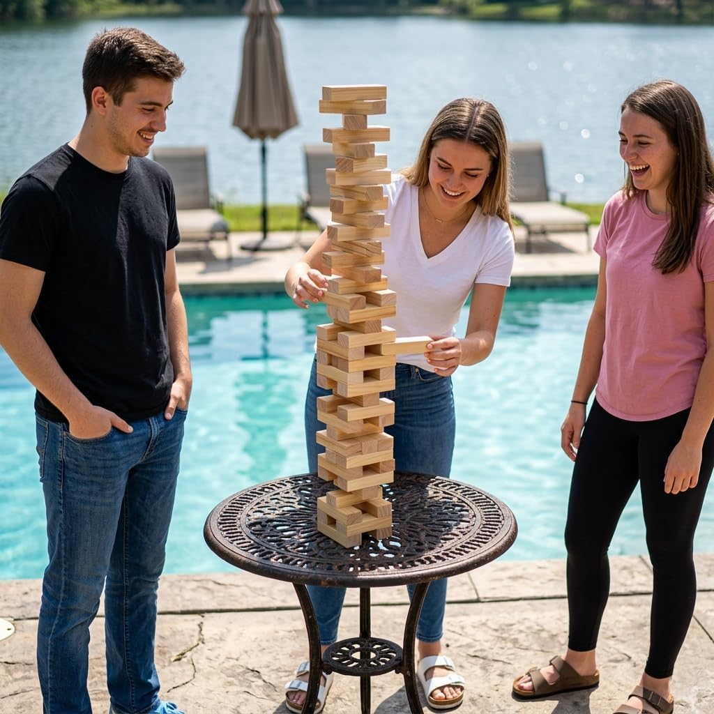 HotOutdoor Games Large Wooden Tower Stacking Game - 54 Premium Pine Blocks Stack up to 4FT with Custom Rules Board & Heavy Duty Carry Bag - Outdoor Lawn Games for Backyard Parties, Camping, Tailgating
