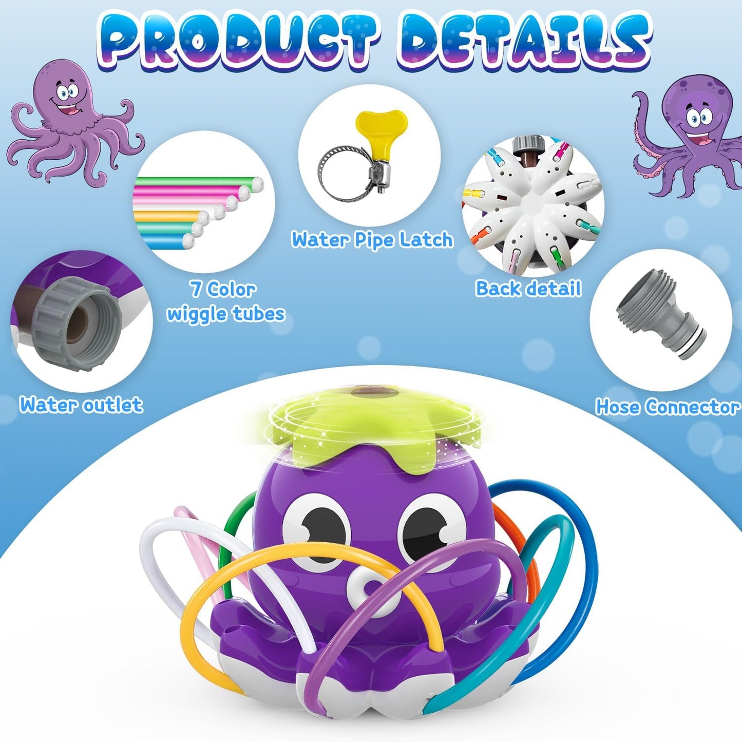 HotSAMTOP Outdoor Water Spray Sprinkler for Kids and Toddlers, Summer Outside Toys Backyard Games with 8 Wiggle Tubes, Attaches to Garden Hose Splashing Fun Toys for 3 4 5 6 7 8 Year Old Boys Girls Gifts