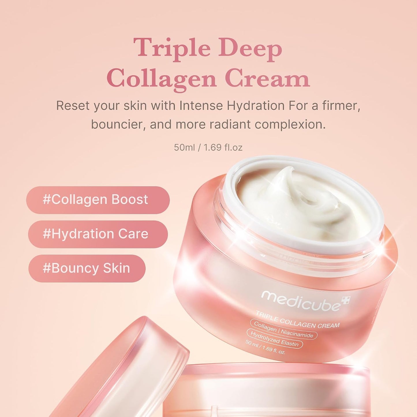 Hotmedicube Triple Collagen Cream - Hydrating & Firming Moisturizer with Hyaluronic Acid, Premium Elastin, Shea Butter - Wrinkle Care & Boosts Elasticity - Korean Skincare, 1.69 oz