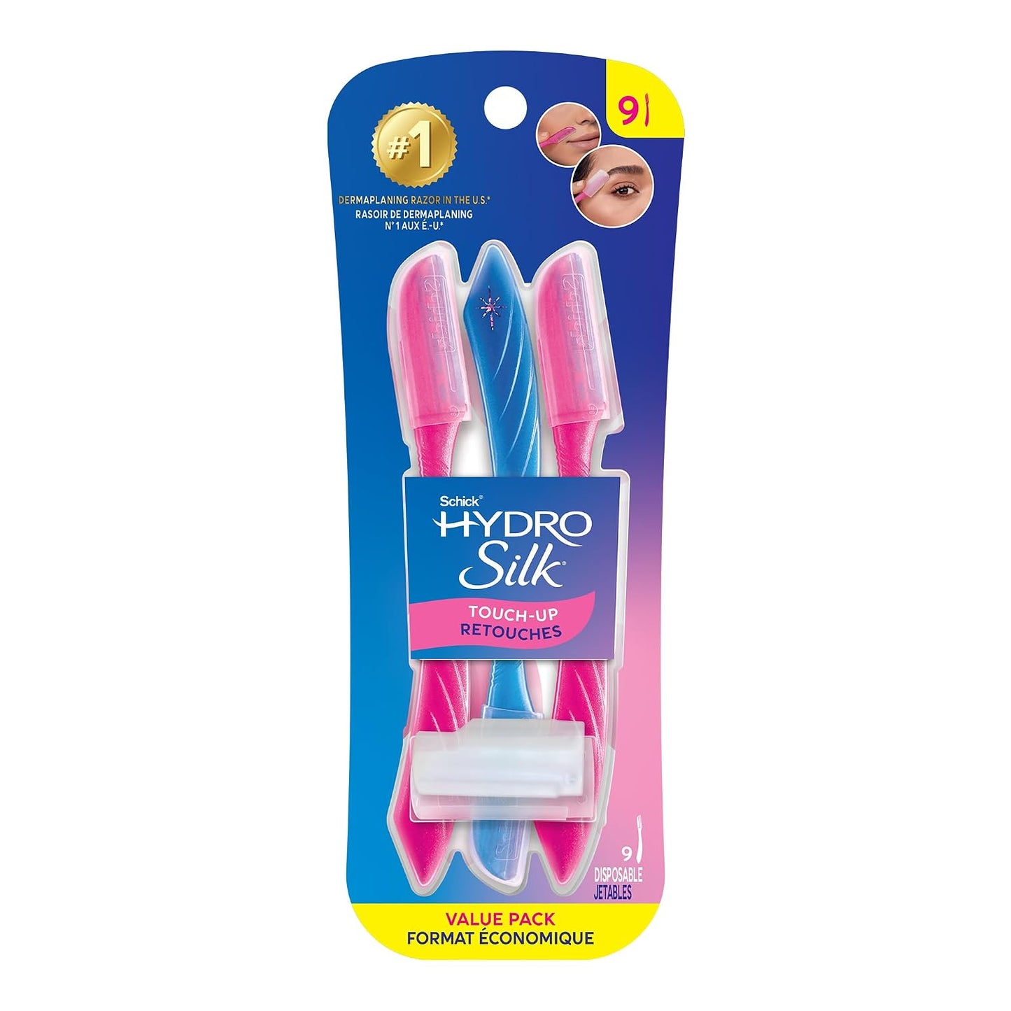 HotSchick Hydro Silk Touch-Up Dermaplane Razor with Precision Cover, 9ct | Dermaplaning Tool for Face, Facial Razor for Women, Eyebrow Razor, Peach Fuzz Remover