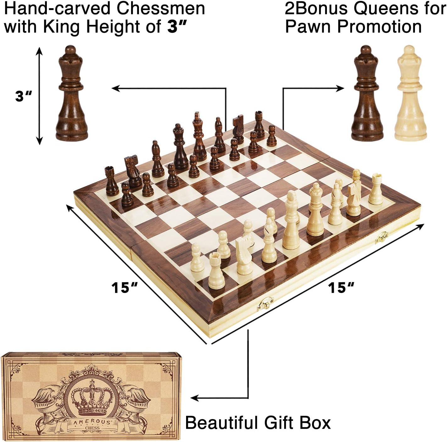 Hot AMEROUS 15 Inches Magnetic Wooden Chess Set - 2 Extra Queens - Folding Board - Pieces Storage Slots, Handmade Portable Travel Chess Game - Beginner Chess Set for Kids, 6 up Age