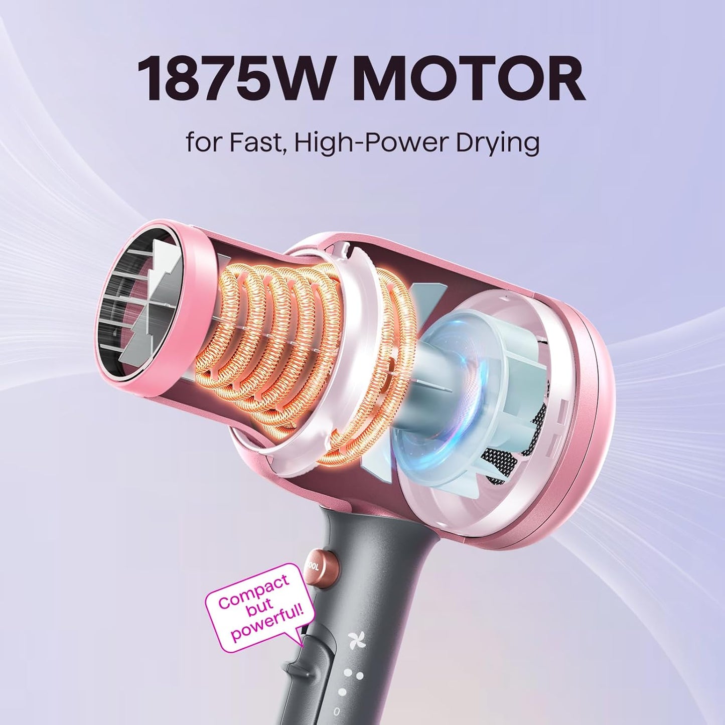 HotWavytalk Hair Dryer, Blown Away Ionic Hair Dryer for Curly Hair with Diffuser, 1875W Fast Drying Blow Dryer with Ceramic Technology, 3 Attachments for All Hair Types, Light and Quiet, Rose Gold