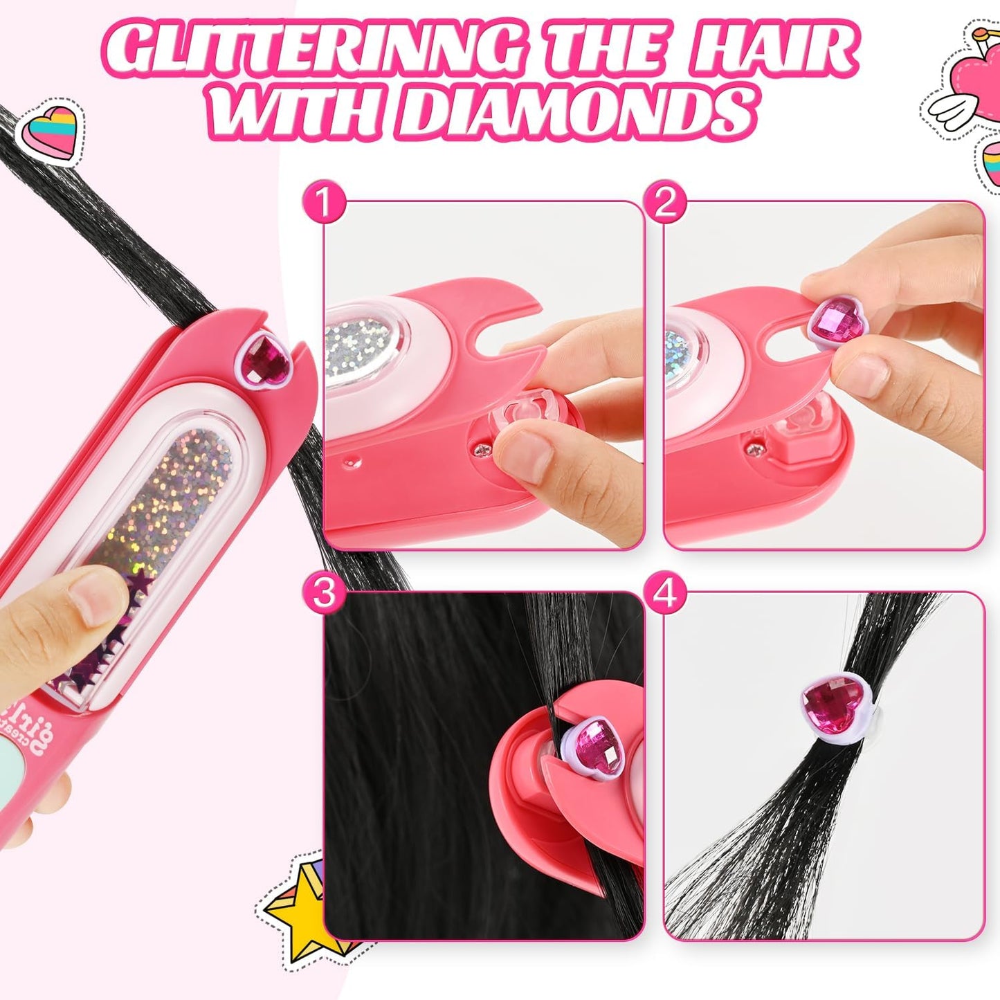 Hotkidzkube Hair Gem Stamper Kit, Bling Hair Jewels for Girls Toys, Hair Styling Tool with Reusable Shining Diamonds, Birthday Gifts Toys for Girls Ages 3 4 5 6 8-12