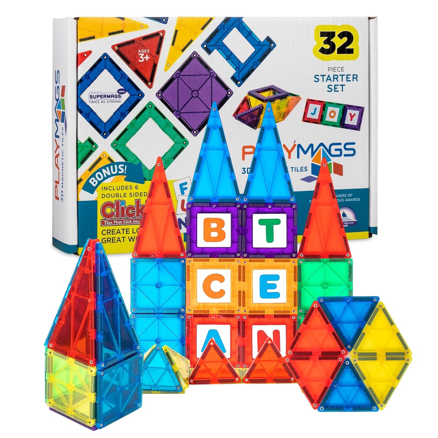 Hot Playmags Magnetic Tiles for Kids 100-Piece Set, STEM Educational Building Blocks Toys for Kids, Includes Click-in ABC Learning Tiles, Gift for Boys & Girls, Add on Magnetic Figures, Car Set Available