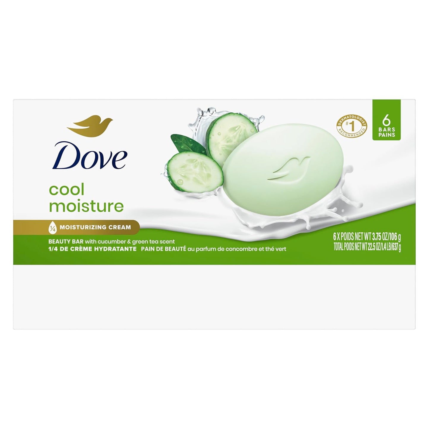 HotDove Beauty Bar Soap Cool Moisture Cucumber & Green Tea Scent, 6 Bars for Refreshed Skin, Leaves Skin Refreshed 3.75 oz