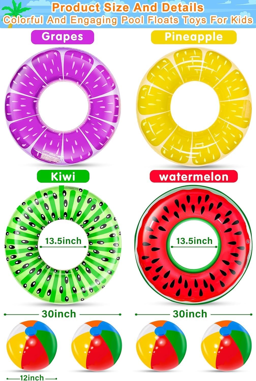 Hot 8 Pack Inflatable Pool Floats, Pool Toys for Swimming Pool Party Kids Adults 4 Pcs Fruit Swim Tube Rings & 4 Pcs Beach Balls Pool Floaties Summer Lake Hawaiian Beach Luau Party Decorations Water Fun