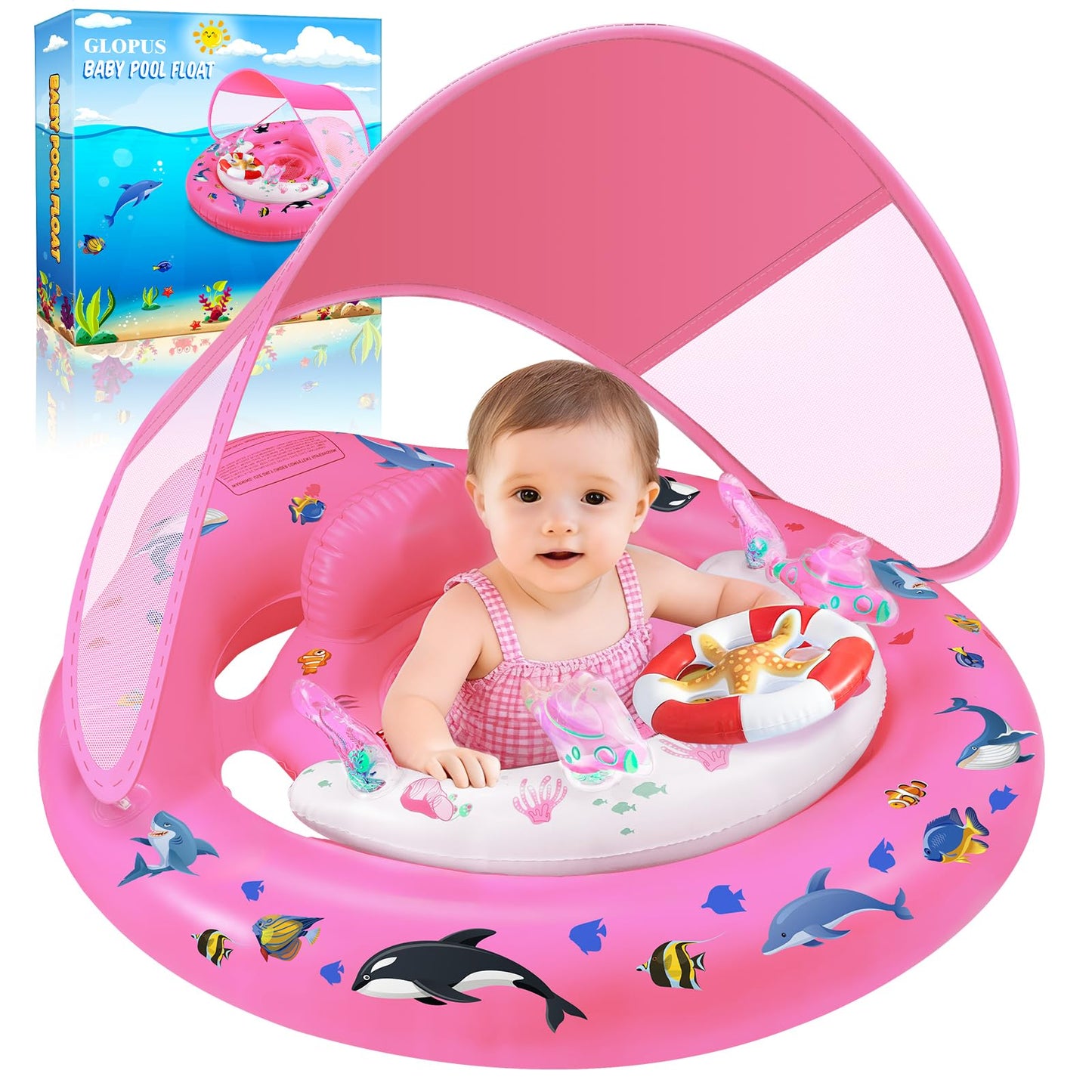 HotBaby Pool Float with Canopy UPF50+ Sun Protection, Inflatable Kids Pool Floats with Toy Play Console for Baby 6-36 Months, Infant Swimming Float with Adjustable Safety Seat for Boys Girls