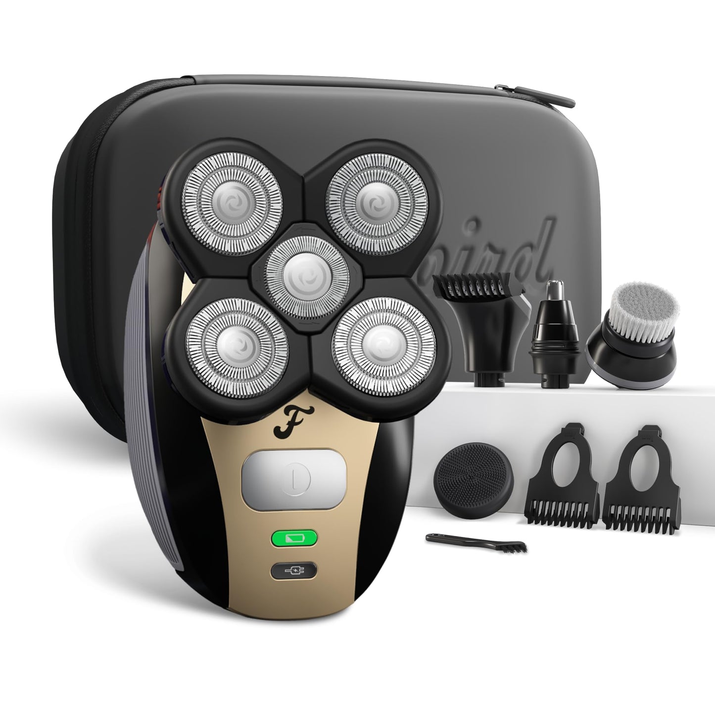 HotFreebird FlexSeries Electric Head & Body Hair Shaver - Mens Cordless Rechargeable Wet/Dry Skull Bald Head Back & Groin Waterproof Razor with Rotary Blades, Clippers, Nose Trimmer, Brush, Massager