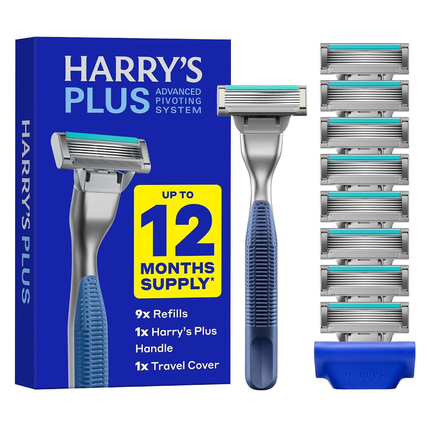HotHarry's Plus Razor and Blade Value Pack, 1 Razor Handle (Tide), 9 Razor Blade Refill Cartridges- German Engineered- Up to 12 Months of Smooth Shaving