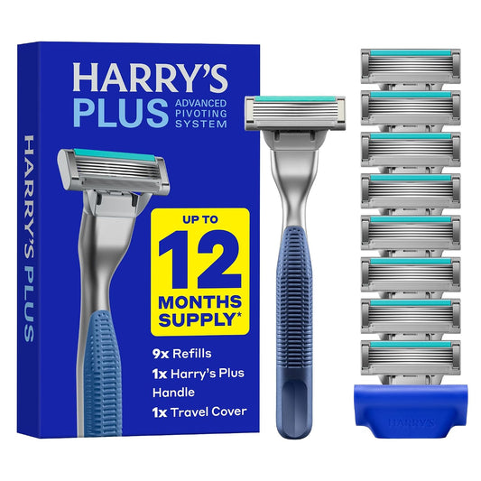 HotHarry's Plus Razor and Blade Value Pack, 1 Razor Handle (Tide), 9 Razor Blade Refill Cartridges- German Engineered- Up to 12 Months of Smooth Shaving