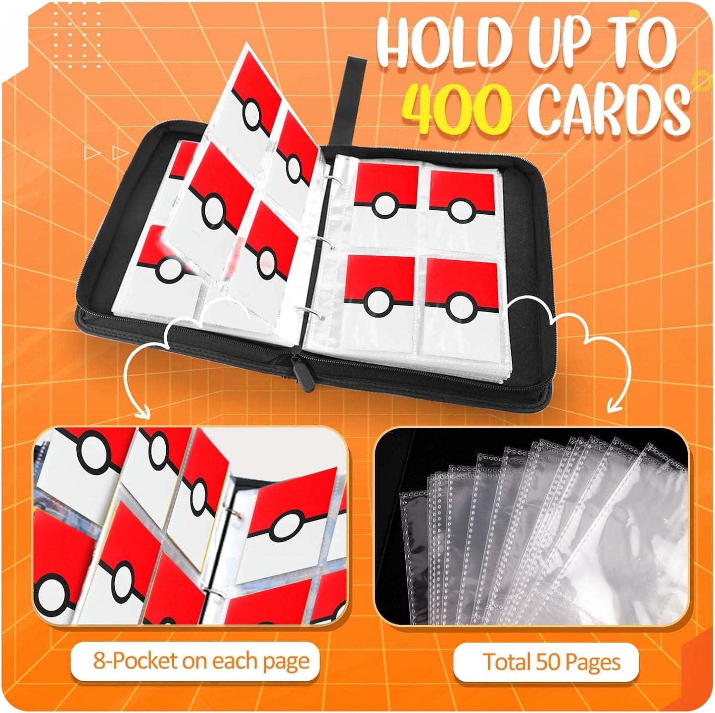 Hot Card Binder 4 Pocket, Trading Card Holder Fits 400 Cards With 50 Removable Sleeves, Portable Collection Card Ablum, Game Card Case book With Zipper for Gift, Red
