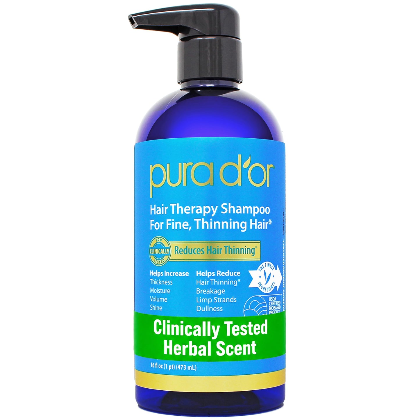 HotPURA D'OR Original Gold Label Anti-Thinning Shampoo - CLINICALLY TESTED - Biotin & Argan Oil – Sulfate-Free Strengthening & Volumizing for Fuller-Looking Hair, Men & Women, Natural Earthy Scent 16 oz