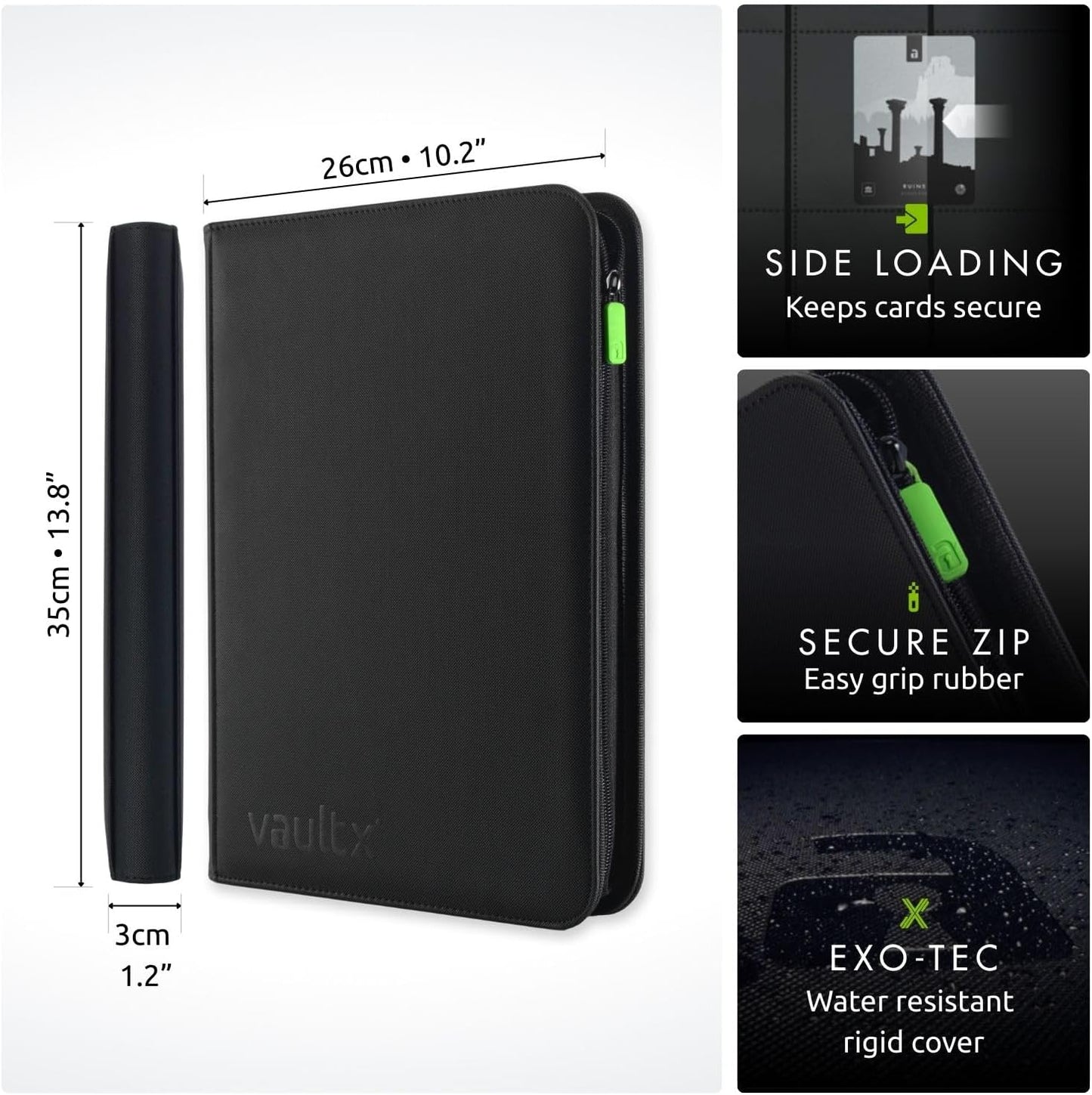 HotVault X 9 Pocket Zip Trading Card Binder 360 Cards Exo-Tec (Black) | Holds 360 standard-size TCG cards in 20 side-loading 9-pocket pages. Padded, water-resistant Exo-Tec cover.
