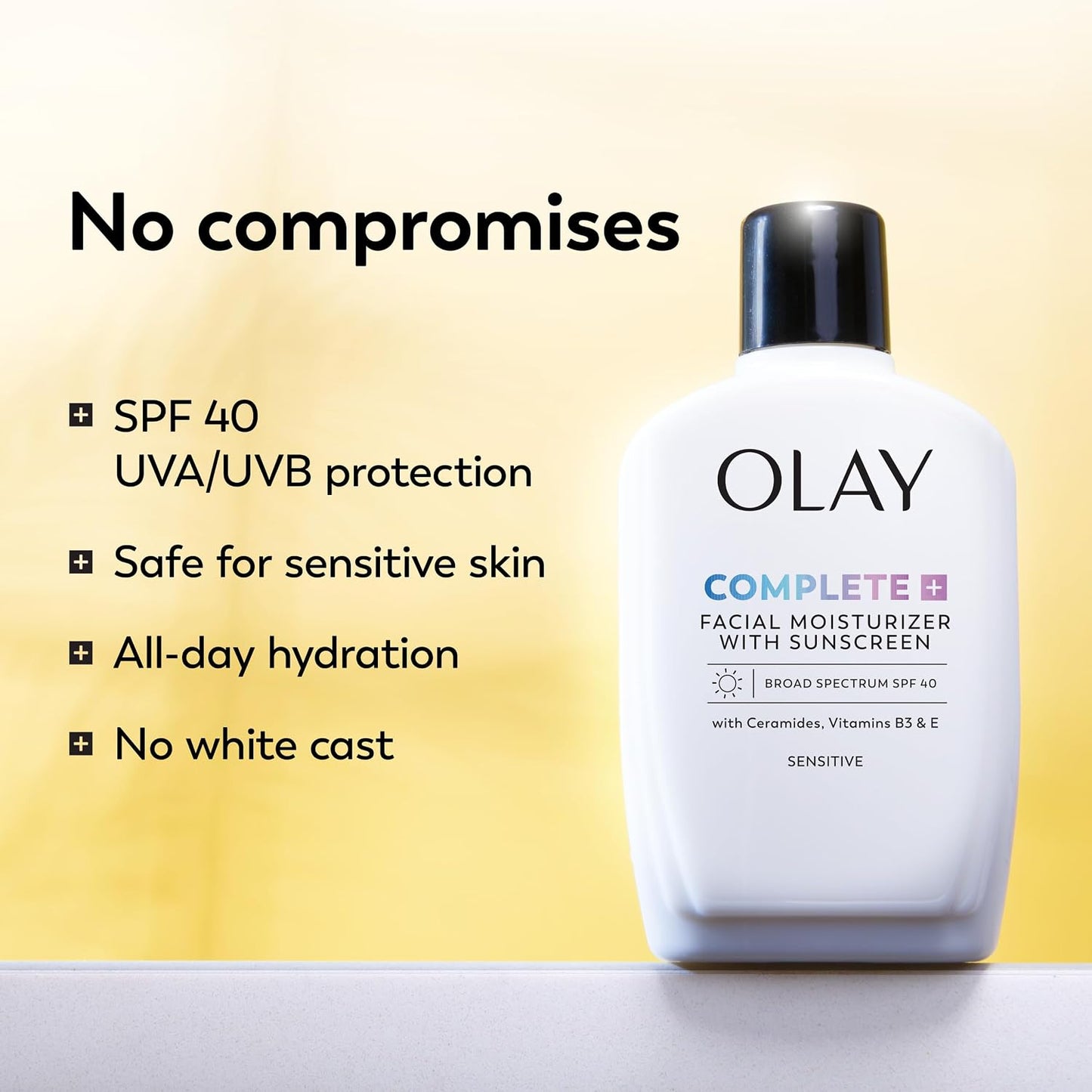 HotOlay Complete+ Face Moisturizer with Sunscreen SPF 40, For Sensitive Skin, Broad Spectrum Sun Protection, Fragrence-Free - No White Cast on All Tones, Nourishes Moisture Barrier - Ceramides, 6 Oz