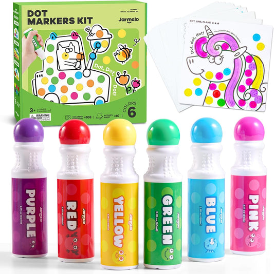 Hot Jar Melo Washable Dot Markers for Toddlers, 6 Colors Dot Paints with 120 Printed PDF & 10 Activity Papers, Non-Toxic Bingo Markers for Kids Arts and Crafts Gifts