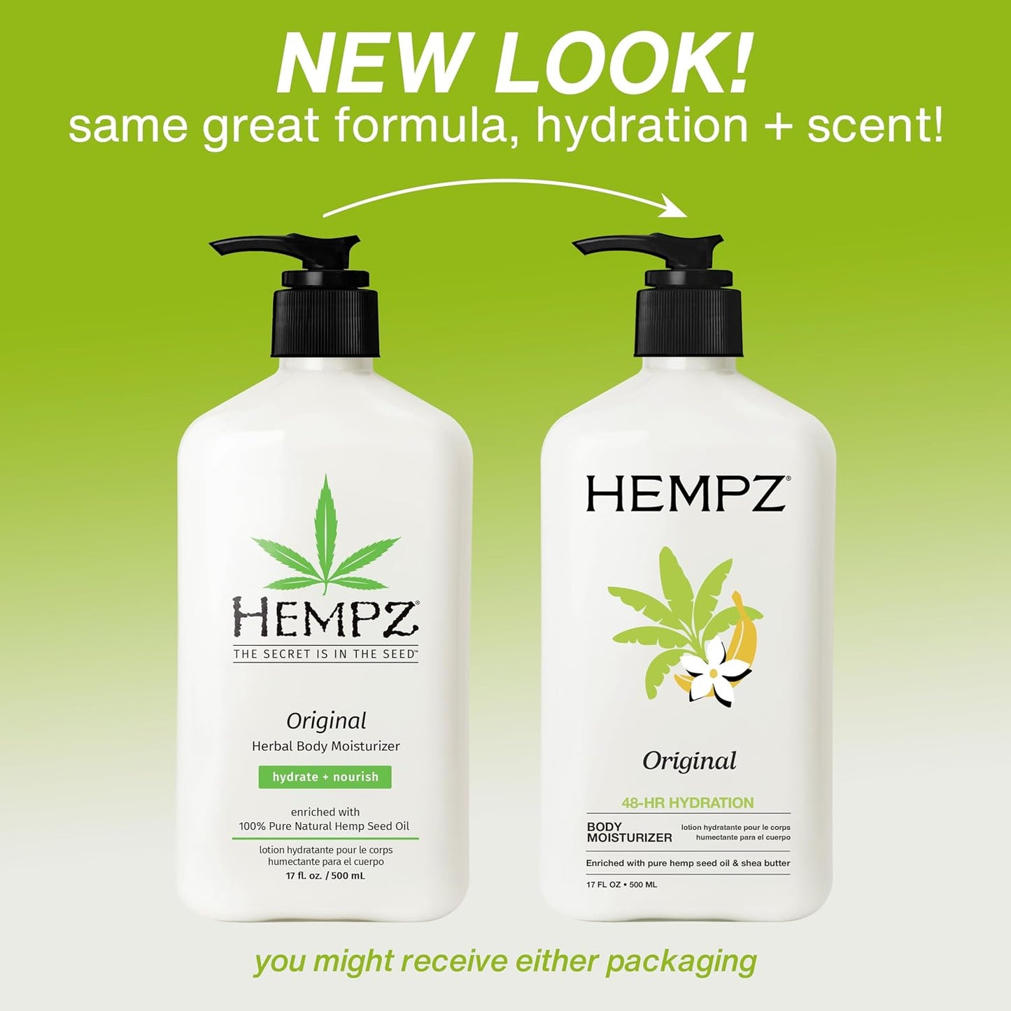 HotHempz Original, Natural Hemp Seed Oil Body Moisturizer with Shea Butter and Ginseng, Original Scent, Floral Banana, 17 Fl.Oz ( Packaging may vary )