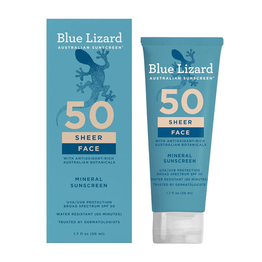 HotBlue Lizard Sheer Face Mineral SPF 50 Sunscreen Lotion, 100% Mineral Formula, Blue Light Protection, Lightweight, Rubs In Smooth, Nourishes and Hydrates, Paraben-Free, Fragrance-Free, 1.7 fl oz