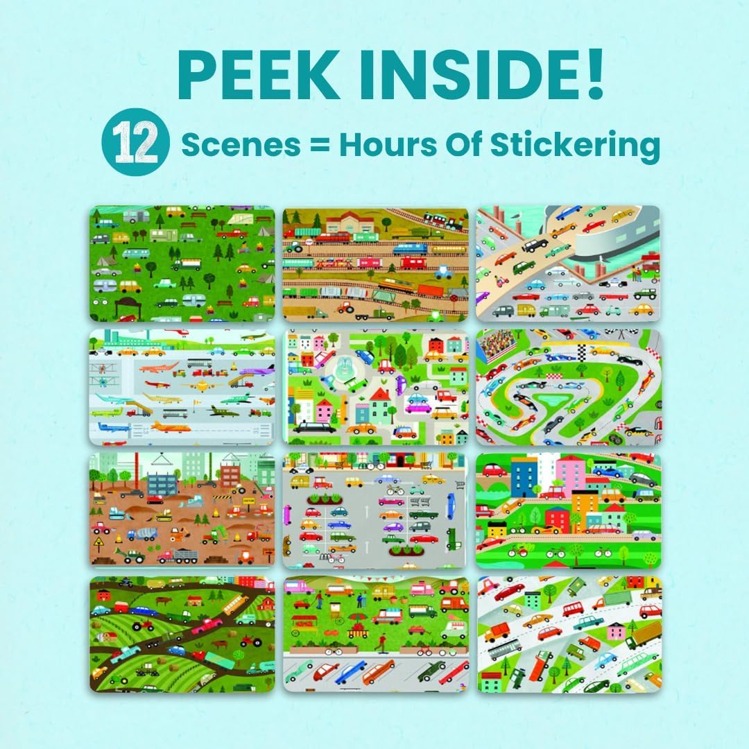 HotCars, Trucks, Planes & Trains 500+ Kids Sticker Book by Cupkin Fun Toddler Travel Activity Coloring and Sticker Book, Road Trip Essentials, 12 Coloring Pages + Scenes for Ages 2–8 Years