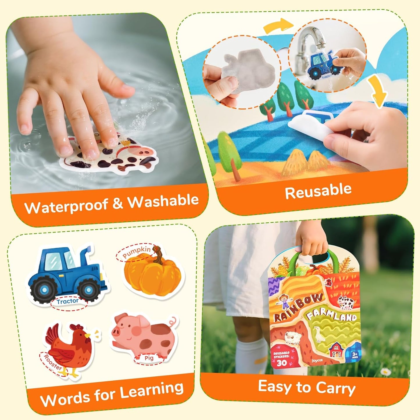 HotJoyCat Reusable Sticker Book Set (3-Pack): Farm, Pizza-Making, Weather - 90 Pcs Stickers for Toddlers, Kids Sticker Activity Book, Road Trip Travel Toys, Birthday Gifts for Boys and Girls