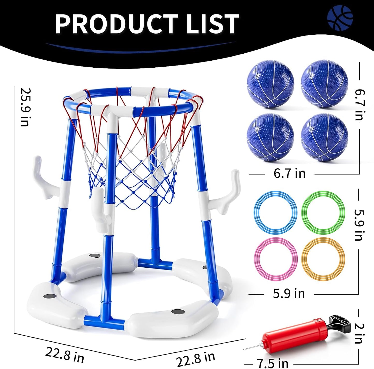 Hot 2-in-1 Pool Basketball Hoop & Ring Games with 4 Balls 12 Rings and Pump, Summer Water Outdoor Party Swimming Pool Toys Games for Kids Ages 4-8 8-12 Adult, Family Water Party Birthday Games Toys