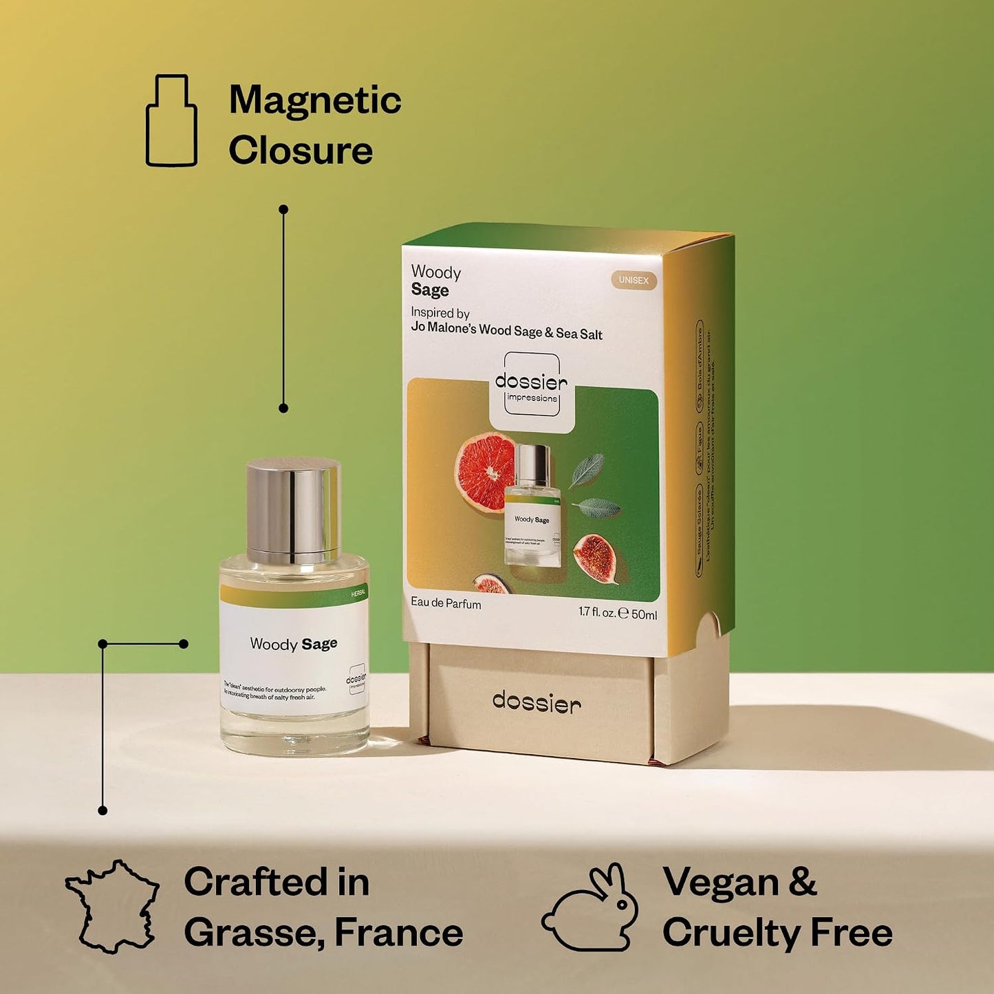 Hot Dossier - Woody Sage - Eau de Parfum - Inspired by Wood Sage & Sea Salt - Long-Lasting Fragrance - Unisex - 1.7 fl oz (50ml)