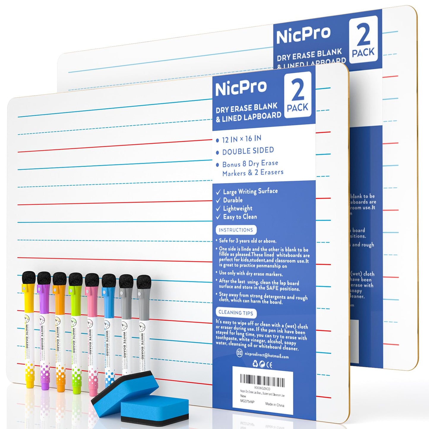 Hot Nicpro Dry Erase Lap Board 9 x 12 inches 2 Pack Ruled Kid Double Sided Blank & Lined Small Lapboard with 8 Pens, 2 Eraser, Learning Mini Whiteboard Portable for Student and Classroom Use