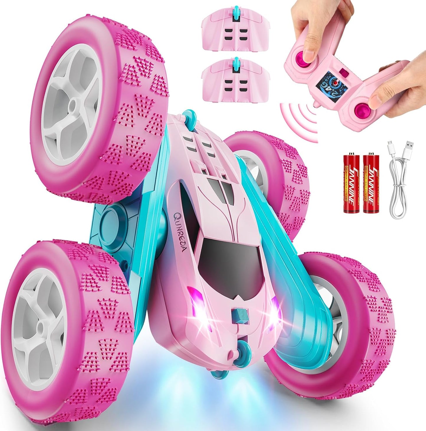 HotQUNREDA RC Cars, Pink Remote Control Car for Girls, 2.4 GHZ Double Sided RC Stunt Car 360° Rotating Remote Control Crawler with Headlights Car Toys for 6 7 8 9 10 11 12 Girls Birthday Gift Grandkids