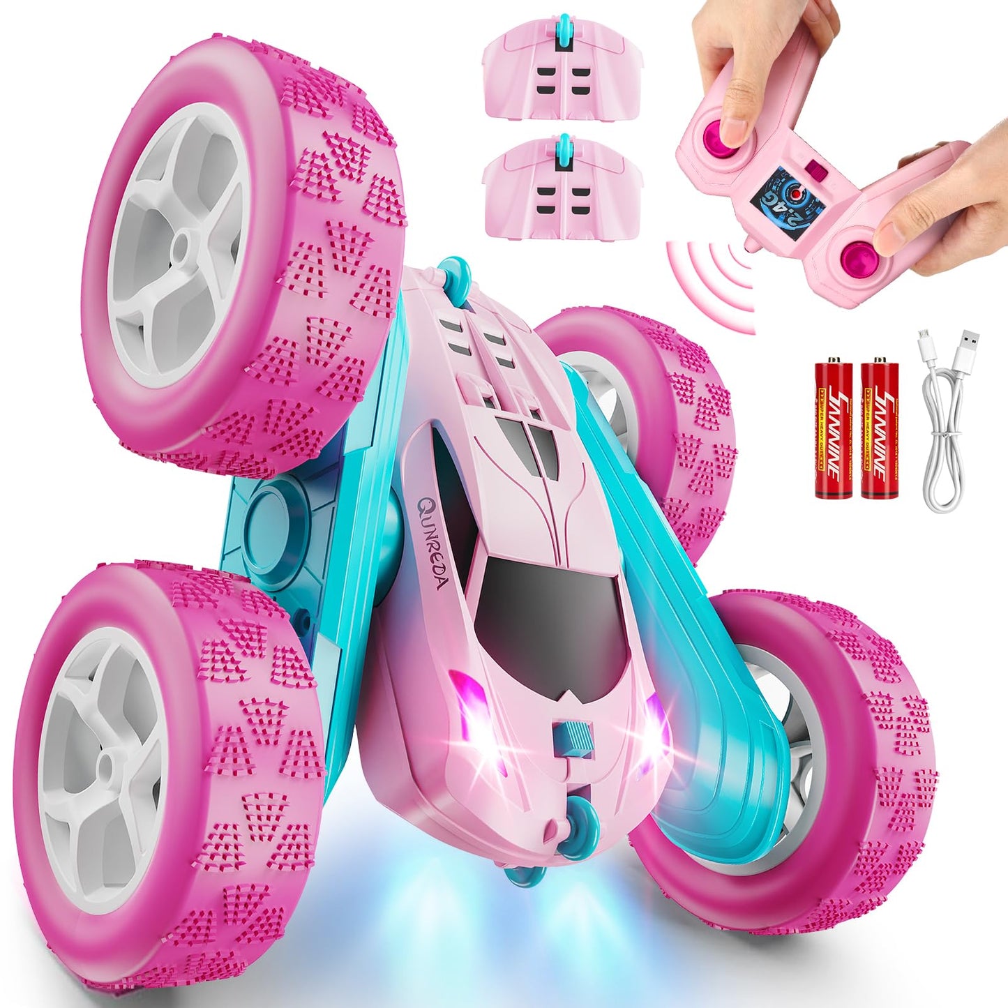 HotQUNREDA RC Cars, Pink Remote Control Car for Girls, 2.4 GHZ Double Sided RC Stunt Car 360° Rotating Remote Control Crawler with Headlights Car Toys for 6 7 8 9 10 11 12 Girls Birthday Gift Grandkids