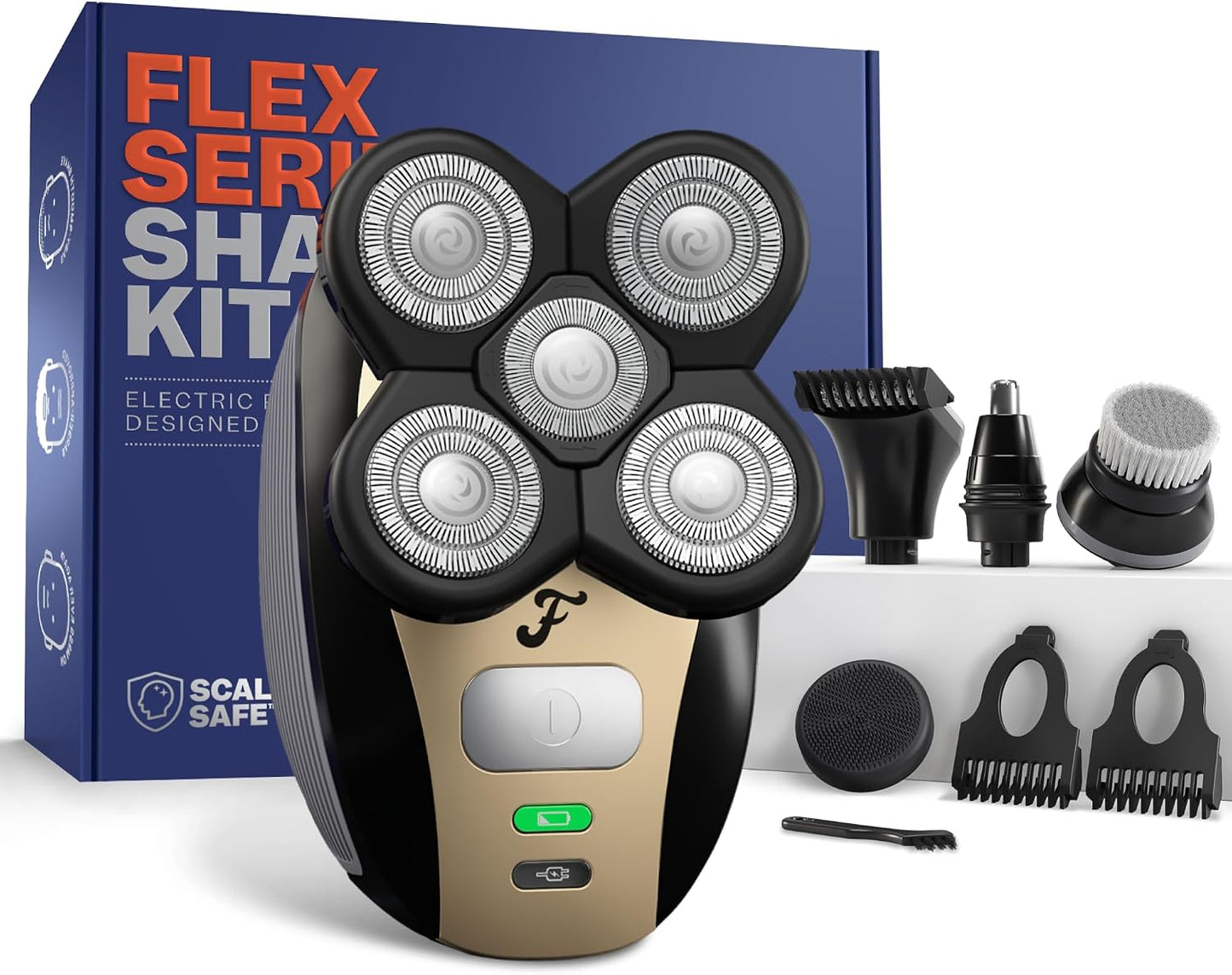 HotFreebird FlexSeries Electric Head & Body Hair Shaver - Mens Cordless Rechargeable Wet/Dry Skull Bald Head Back & Groin Waterproof Razor with Rotary Blades, Clippers, Nose Trimmer, Brush, Massager