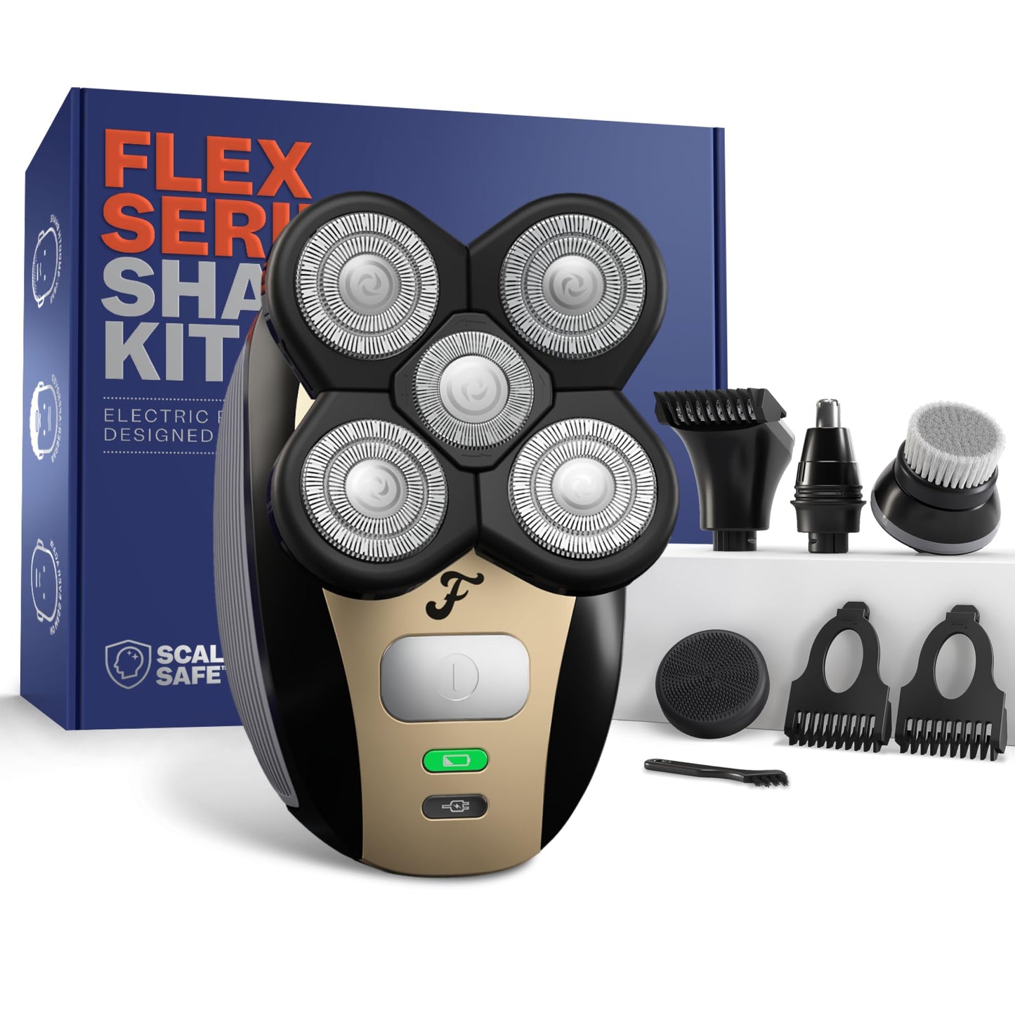 HotFreebird FlexSeries Electric Head & Body Hair Shaver - Mens Cordless Rechargeable Wet/Dry Skull Bald Head Back & Groin Waterproof Razor with Rotary Blades, Clippers, Nose Trimmer, Brush, Massager