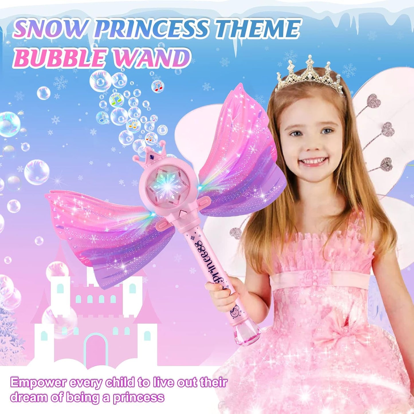 HotBubble Wands for Kids Girls - LED Light & Music Bubble Machine: 3 AA Batteries & 2 Bubble Solutions, Outdoor Party Birthday Toys for Toddlers, Gift for 3 4 5 6 7 8 Year Old Girls