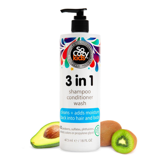HotSoCozy 3 in 1 Kids Shampoo + Conditioner + Body Wash (16 Fl Oz) Gentle, Hydrating Hair & Body Cleanser with Keratin, Vitamin B5, & Kiwi Extract, Paraben & Sulfate-Free
