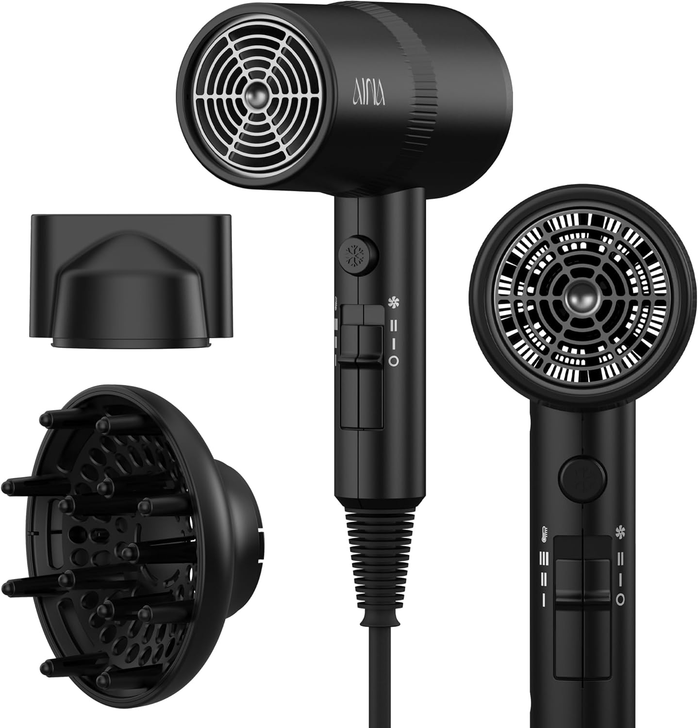 HotAINA Diffuser Hair Dryer Full-Featured Blow Dryer 110V/1600W(Vader Black) | 3 Heat/2 Speed|Cold shut button|Lightweight|Compact Size|High Temp|Low Airflow|Same Results|Less Expense