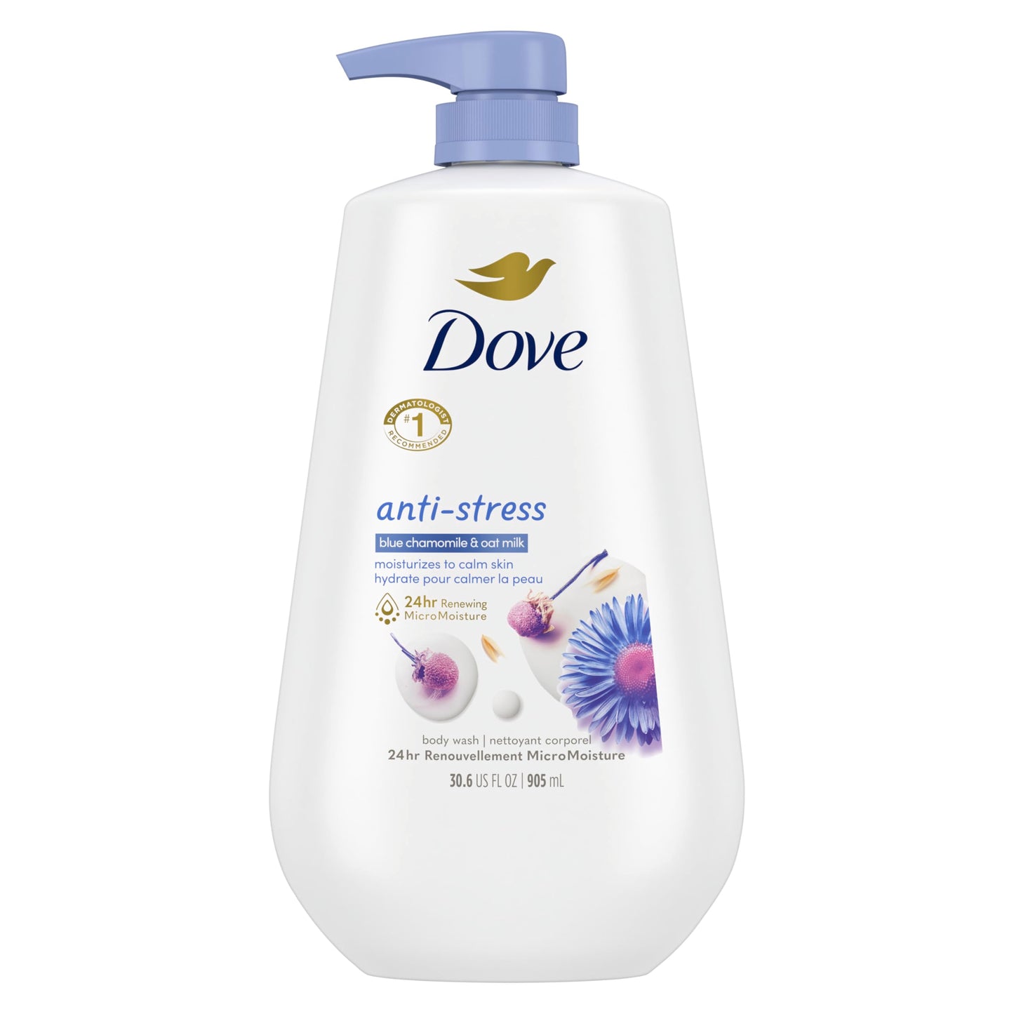 HotDove 24hr Lotion Body Wash Anti-Stress, 30.6 oz | Moisturizing body wash with MicroMoisture and a calming blue chamomile & oat milk scent