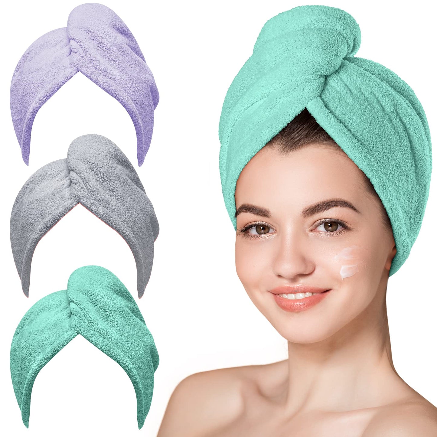 HotHicober Microfiber Hair Towel Wrap, Fast Drying Hair Towels for Women, Soft Lightweight Quick Dry Turban for Curly & Long Hair–3 Pack(Blue/Grey/Pink)