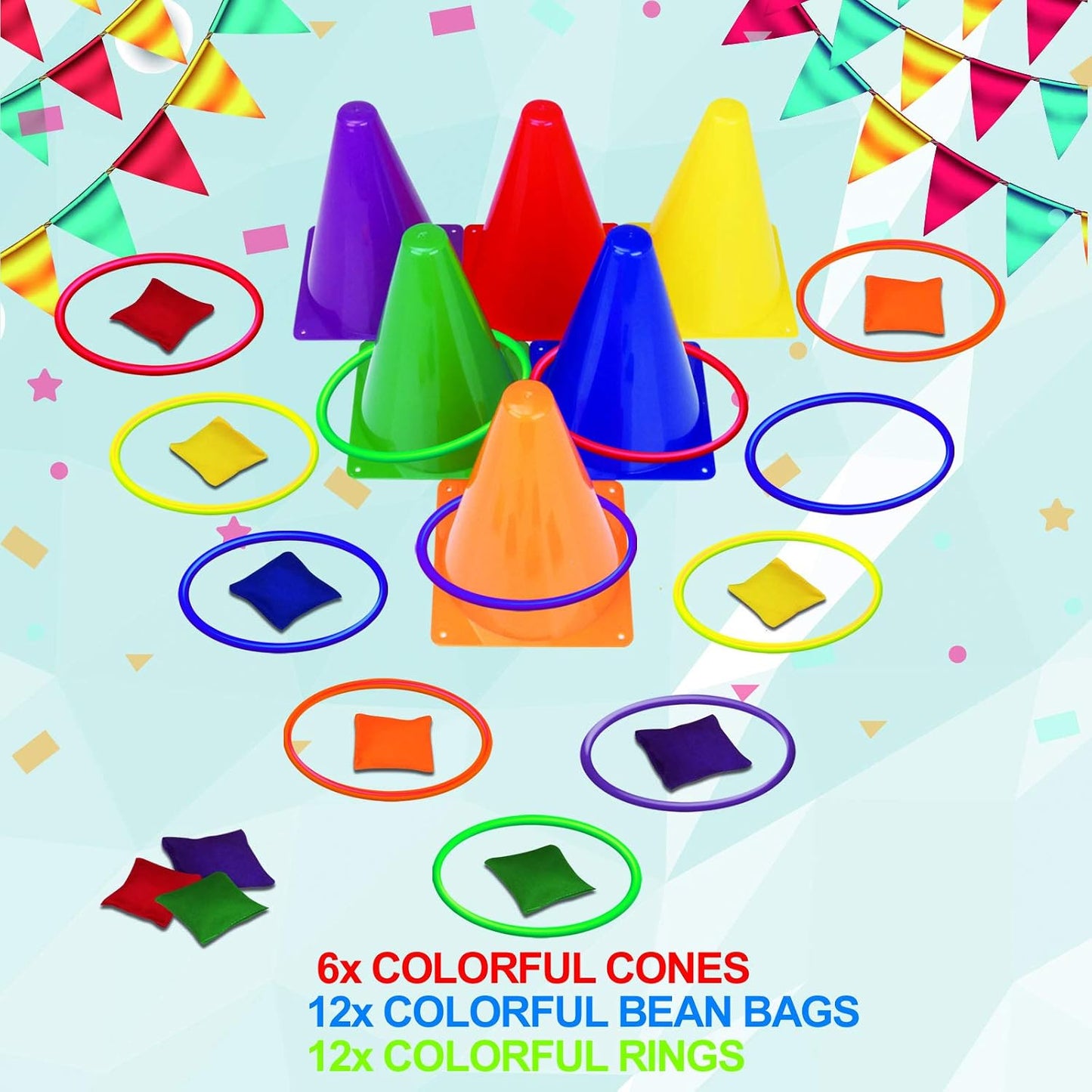 Hot unanscre 31PCS 3 in 1 Carnival Outdoor Games Combo Set for Kids, Soft Plastic Cones Bean Bags Ring Toss Game, Gift for Birthday Party/Xmas