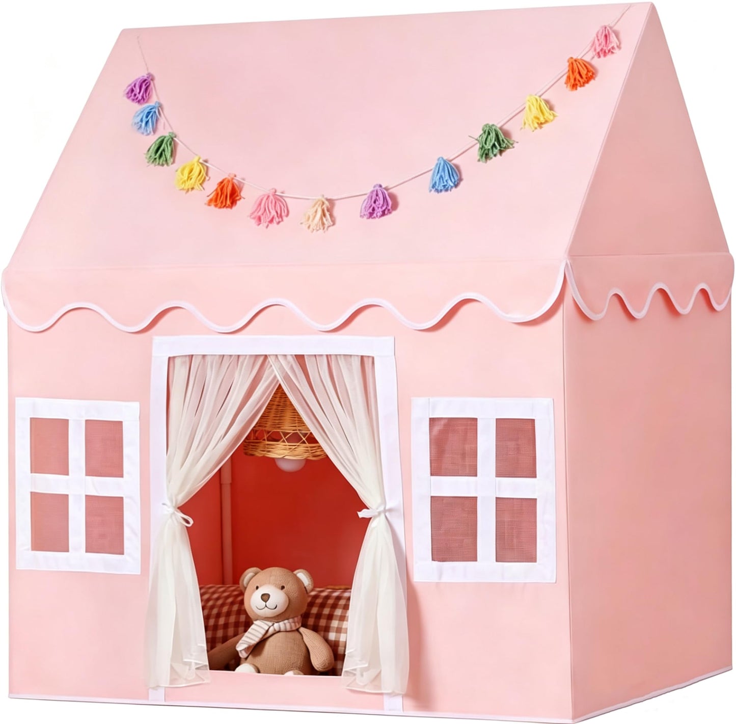 HotKids Play Tent Indoor: with Mat, Tassel Garland - Large Gray Kids Tent Indoor Playhouse for Kids Toys for Boy Girl Birthday Gift