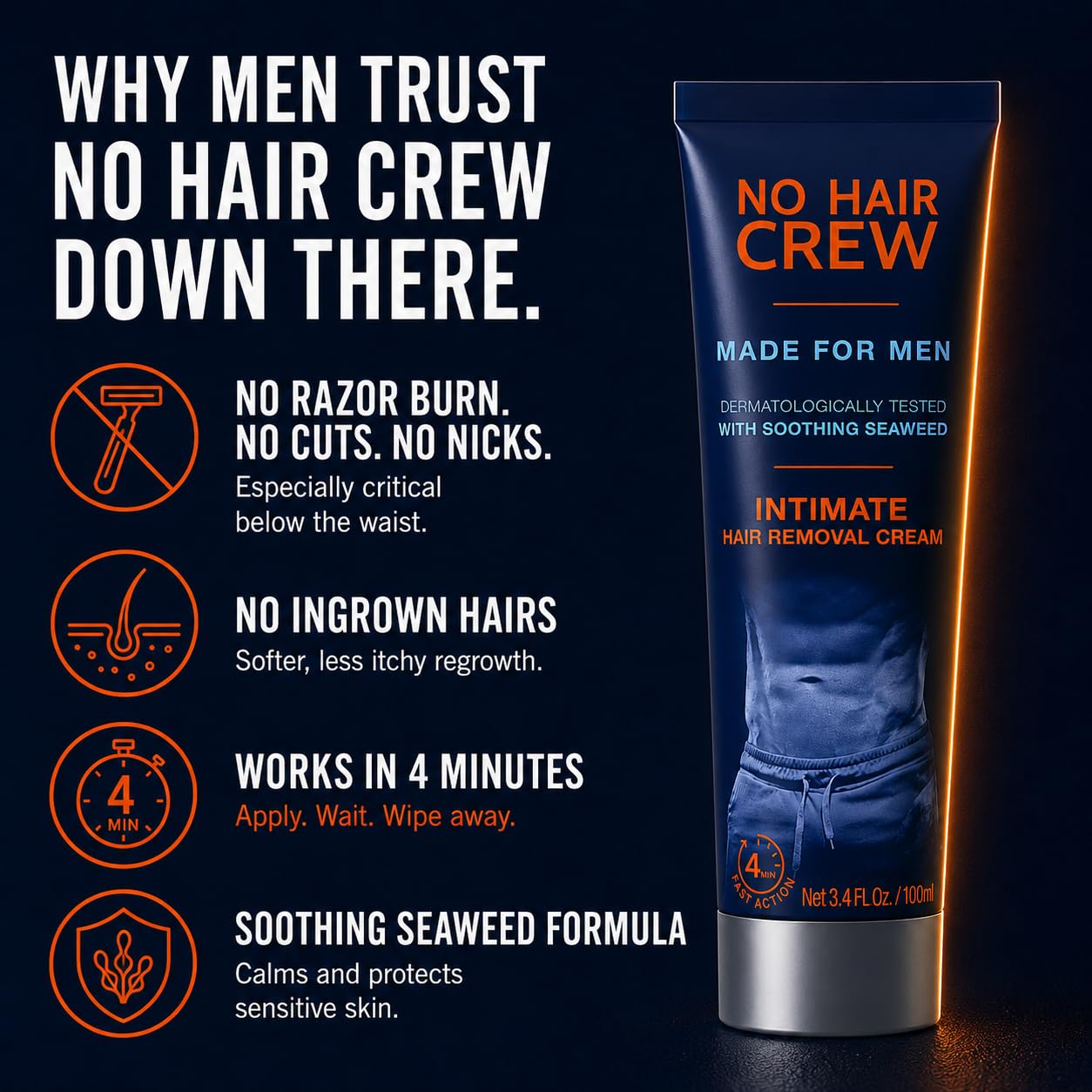 HotNo Hair Crew Intimate/Private At Home Hair Removal Cream for Men - Painless, Flawless, Soothing Depilatory for Unwanted Coarse Male Body Hair, 100ml