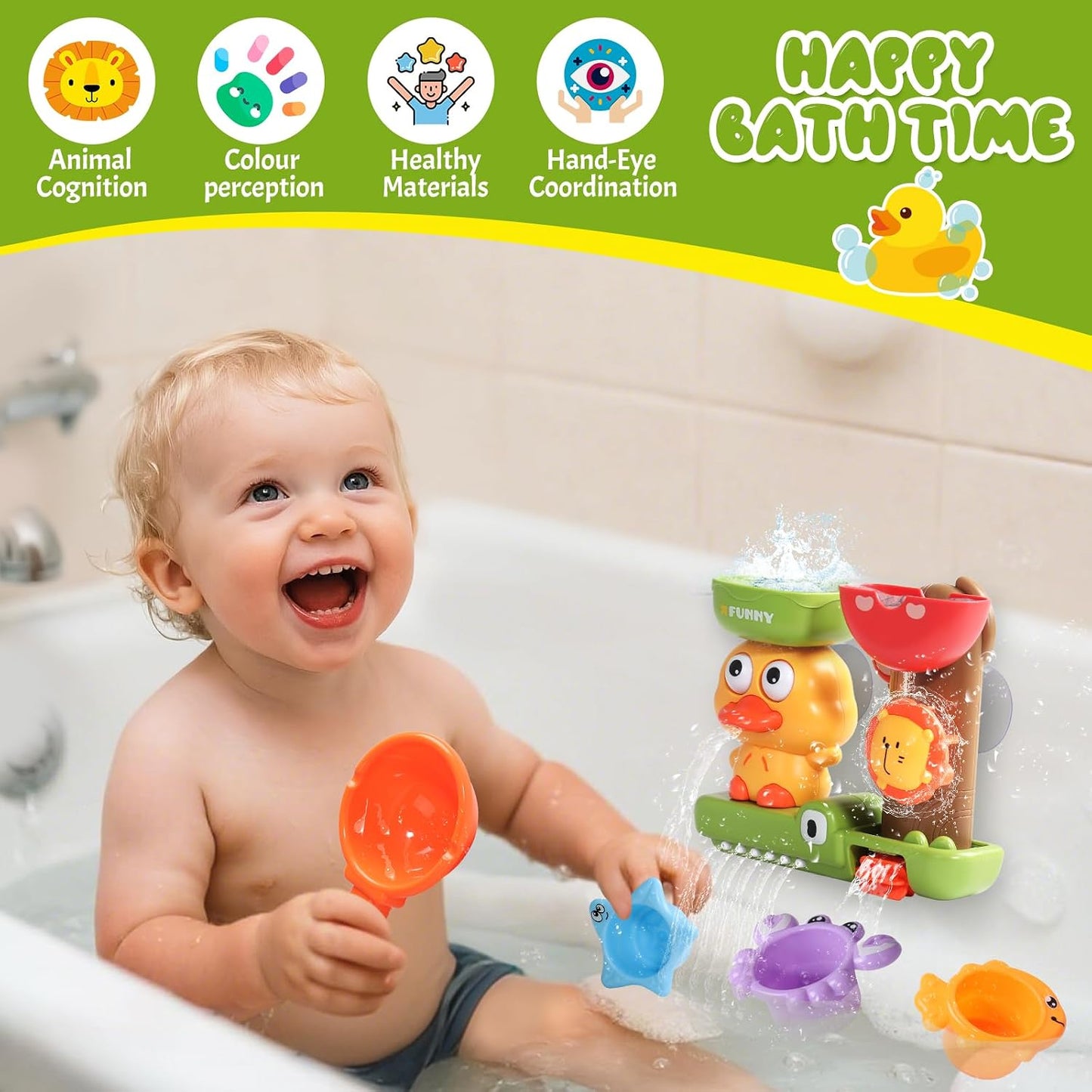 Hot Toddler Bath Toys for Kids Ages 1-3 Waterfall Bathtub Toys for Toddlers 2-4 | with 3 Stacking Cups No Mold Baby Bath Toys Interactive Duck Water Shower Toys for Boys Girls Gifts with Strong Suction Cups