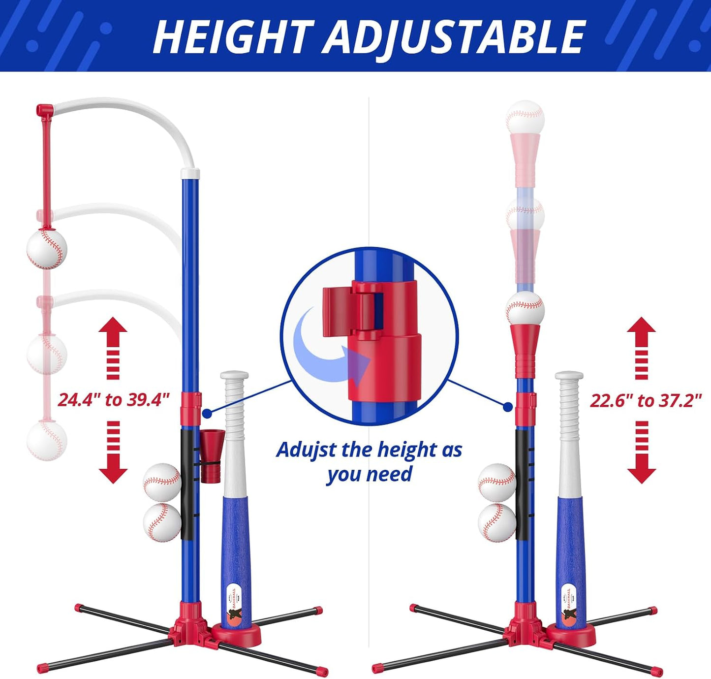 HotHYES 3-in-1 Baseball Set for Kids 3-5 - Tee Ball Stand, Hanging Tee, Ball Launcher and 6 Softballs - Adjustable Height, Indoor/Outdoor Sport Gifts for Boys Girls
