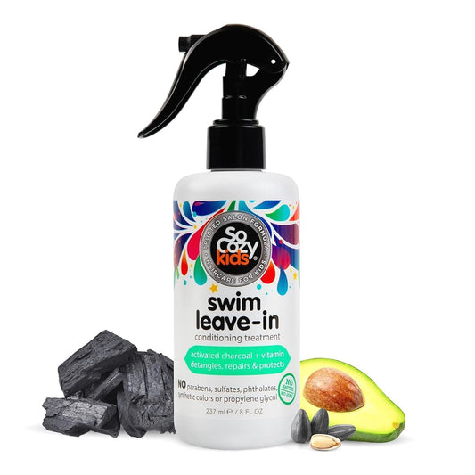 HotSoCozy Swim Leave In Conditioner Spray & Treatment for Kids Hair (8 Fl Oz) Protects & Repairs Pool, Sun & Salt Damaged Hair, Gentle Formula with Activated Charcoal, Vitamin B5 & Sunflower Seed Extract