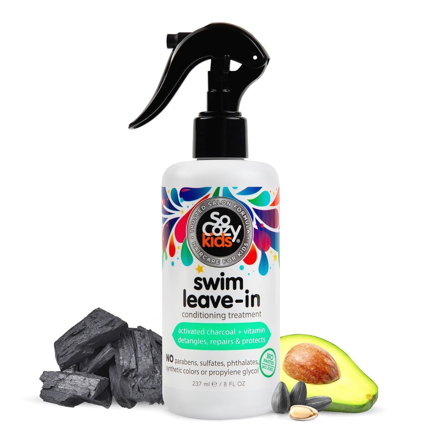 HotSoCozy Swim Leave In Conditioner Spray & Treatment for Kids Hair (8 Fl Oz) Protects & Repairs Pool, Sun & Salt Damaged Hair, Gentle Formula with Activated Charcoal, Vitamin B5 & Sunflower Seed Extract
