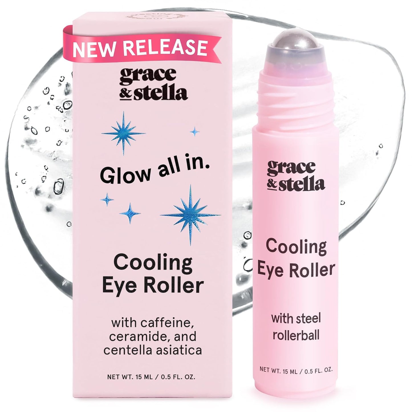Hotgrace & stella Under Eye Brightener with Cooling Metal Rollerball - Centella Asiatica & Caffeine Eye Serum for Puffy Eyes - Travel Essentials - Under Eye Cream - Travel Essentials (15ml / 0.51floz)