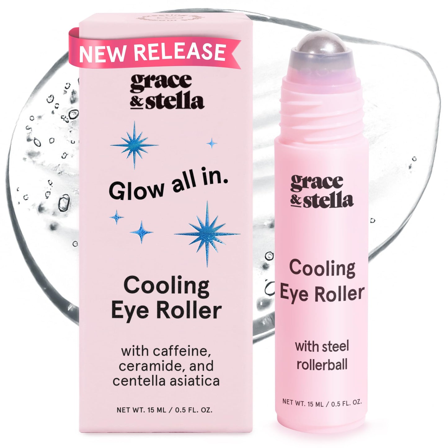 Hotgrace & stella Under Eye Brightener with Cooling Metal Rollerball - Centella Asiatica & Caffeine Eye Serum for Puffy Eyes - Travel Essentials - Under Eye Cream - Travel Essentials (15ml / 0.51floz)