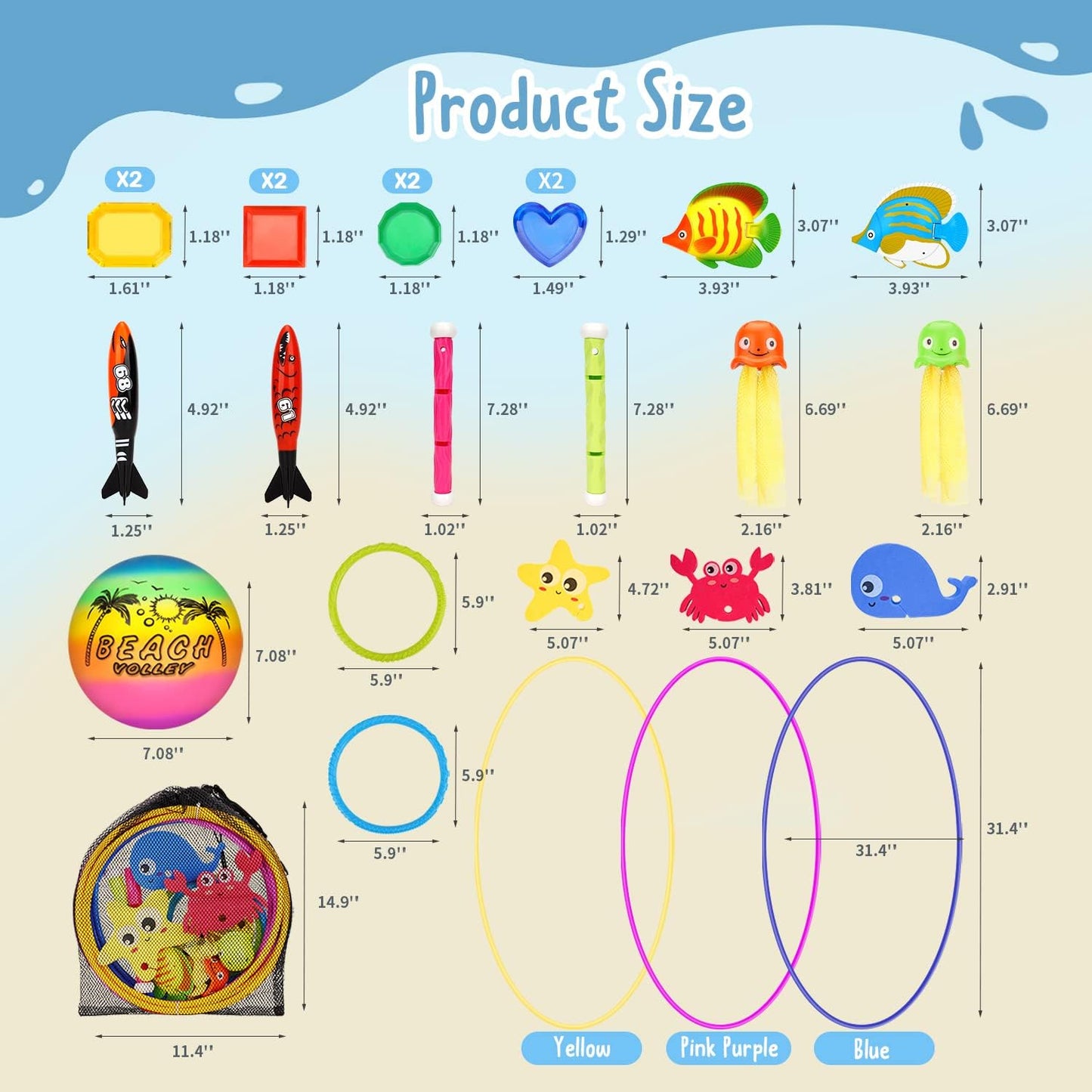 HotDAUXONE Diving Toys, 27 Pcs Pool Toys with Swim Thru Rings for Kids Age 3-12, Dive Sticks, Rings, Gem, Octopus, Torpedo, Mesh Bag Include