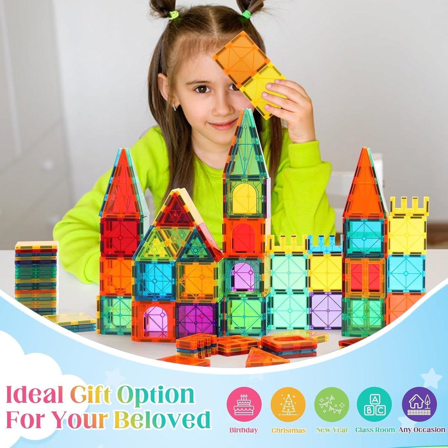 HotOugerToy 104PCS Magnetic Tiles STEM Building Blocks for Kids Ages 3-9, Educational Stacking Toys with Car Bases, Creative Construction Gift for Boys Girls