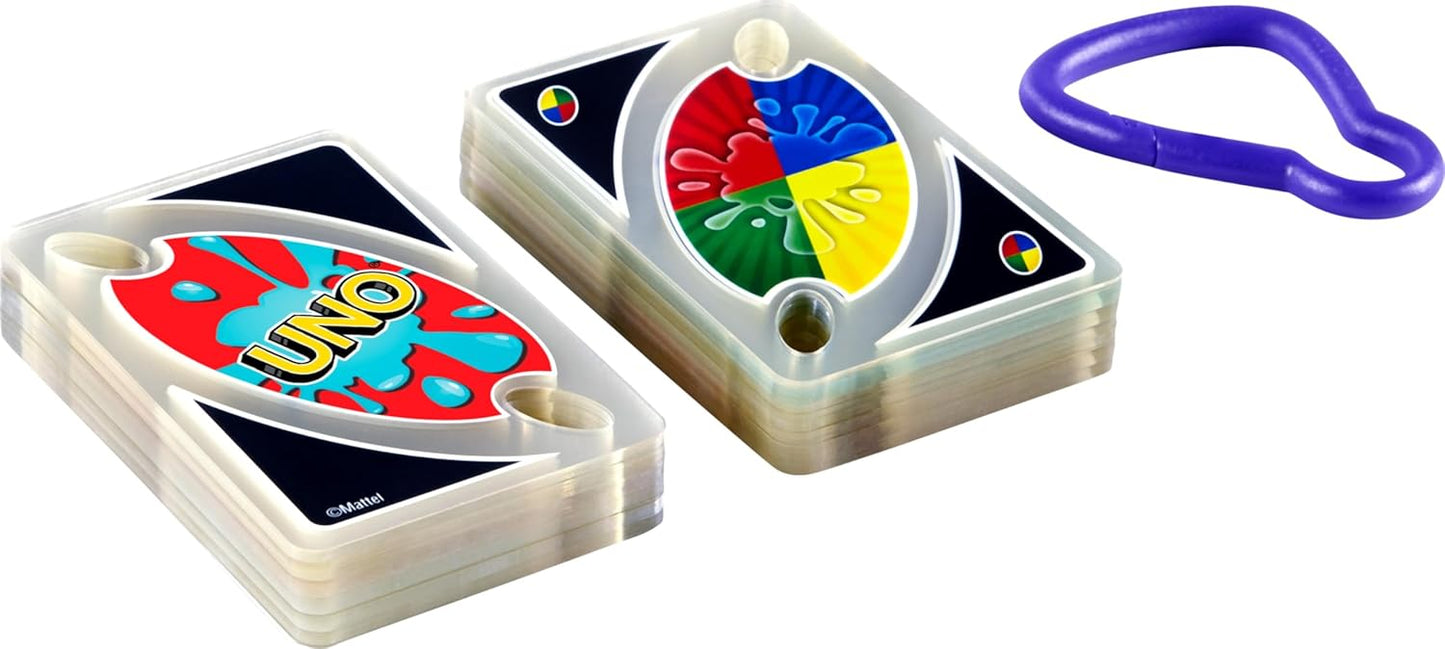 HotMattel Games UNO Splash Card Game, Ages 7+, 2-10 Players | With Waterproof Cards &Portable Carabiner Clip for Travel, Pool Time, Camping & Game Nights Away